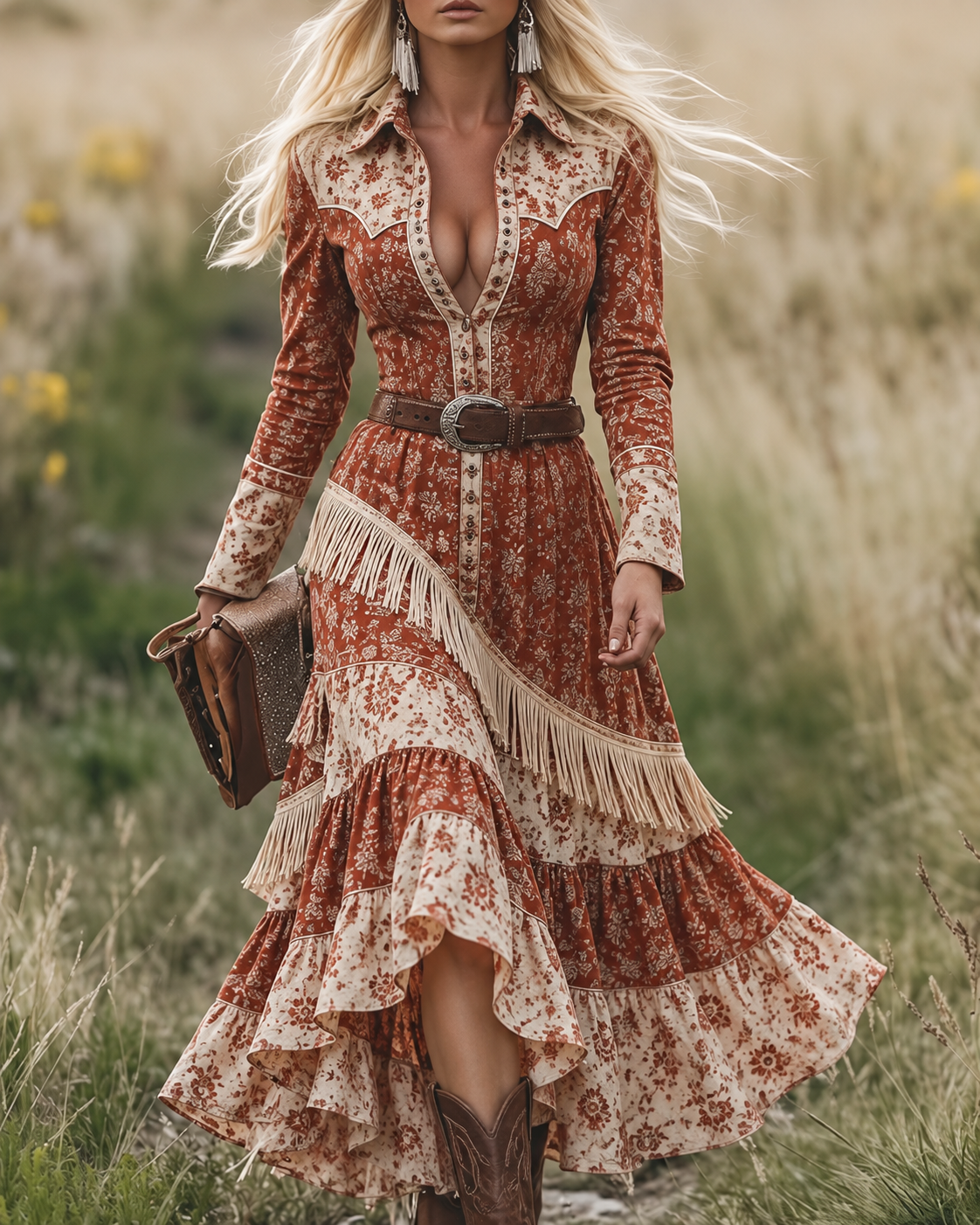 Rust Floral Print Fringe Western Maxi Dress