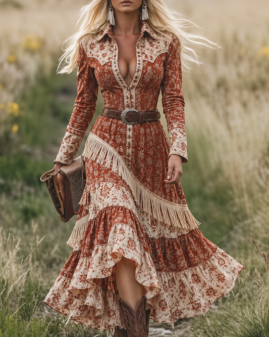 Rust Floral Print Fringe Western Maxi Dress
