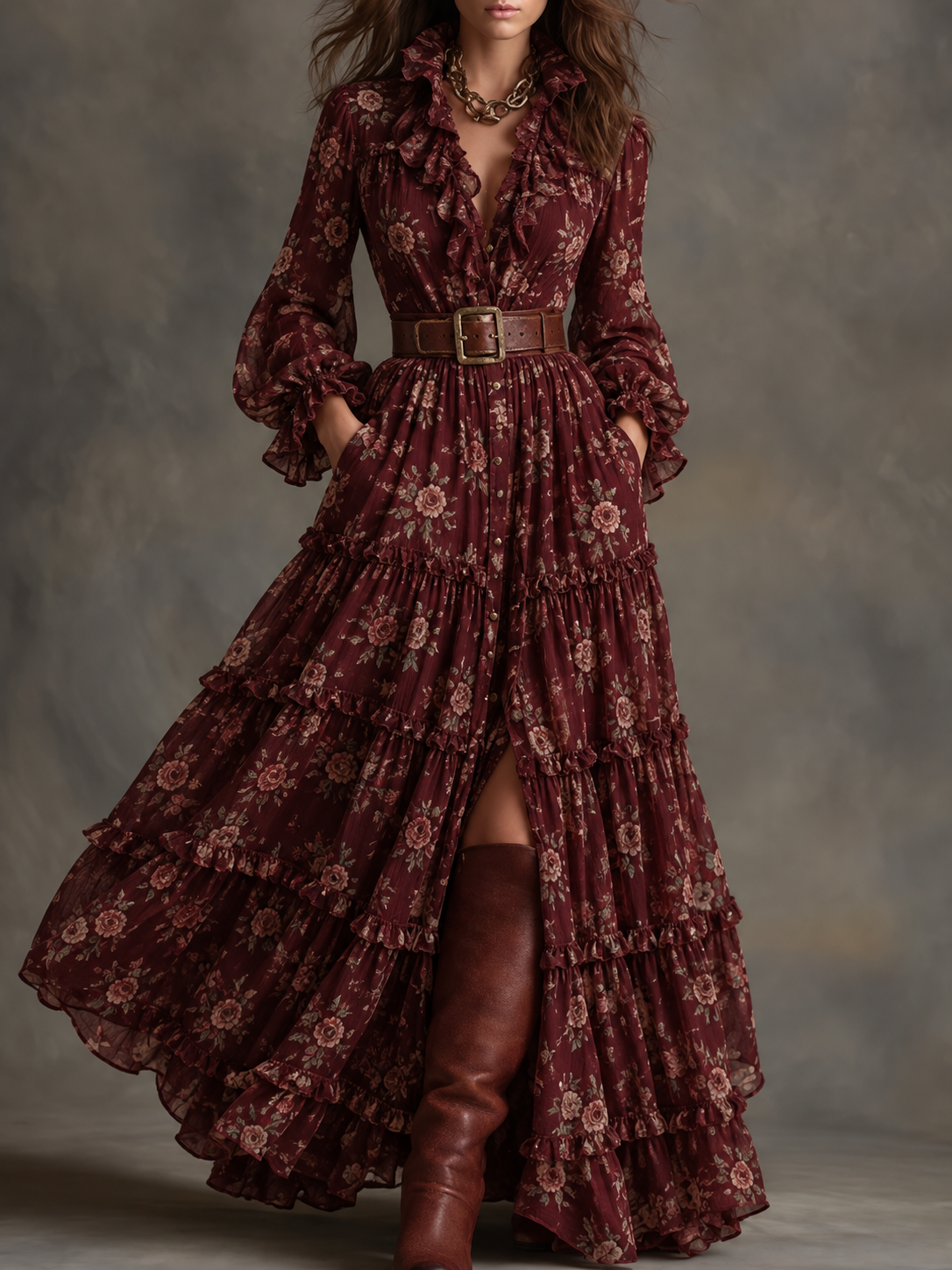 Burgundy Floral Print Ruffle Maxi Dress