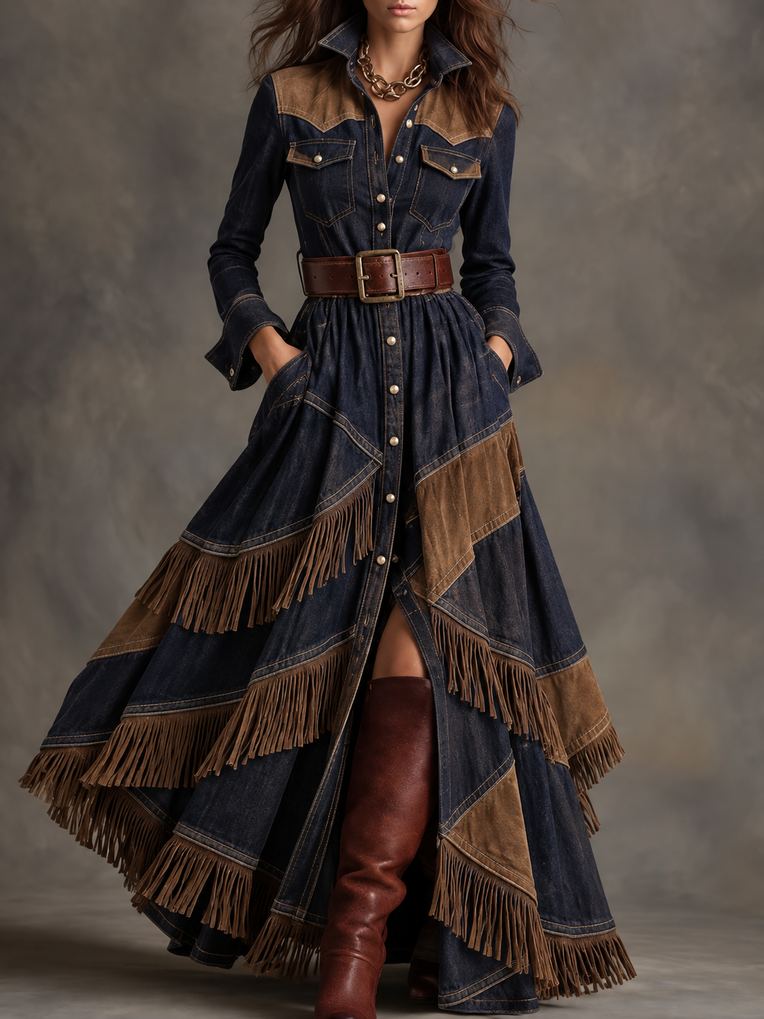 Blue Denim Fringe Patchwork Western Maxi Dress