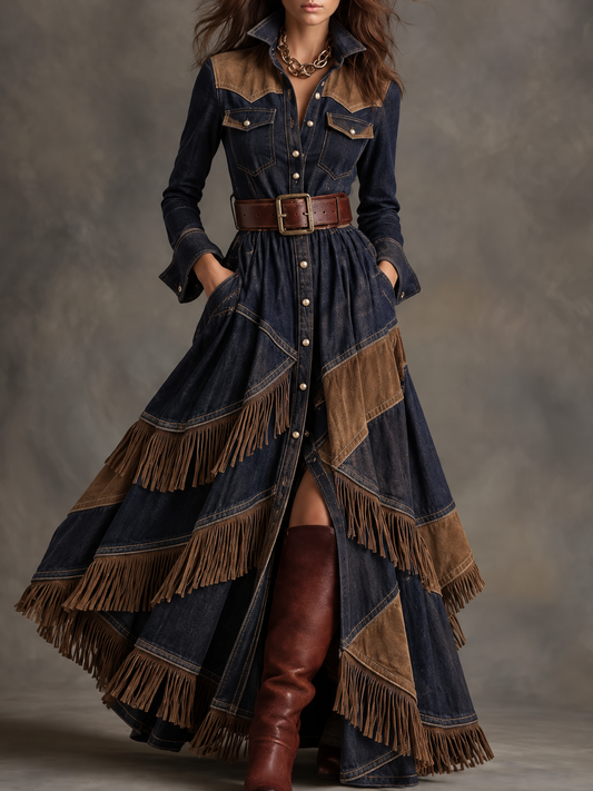 Blue Denim Fringe Patchwork Western Maxi Dress
