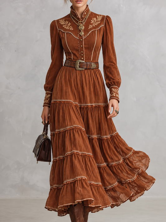Rust Embroidered Tiered Ruffle Maxi Dress