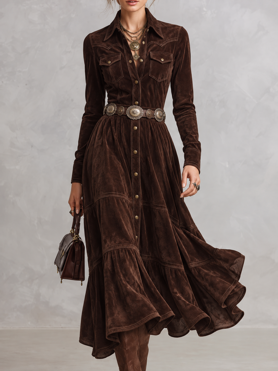 Brown Suede Button Front Midi Dress