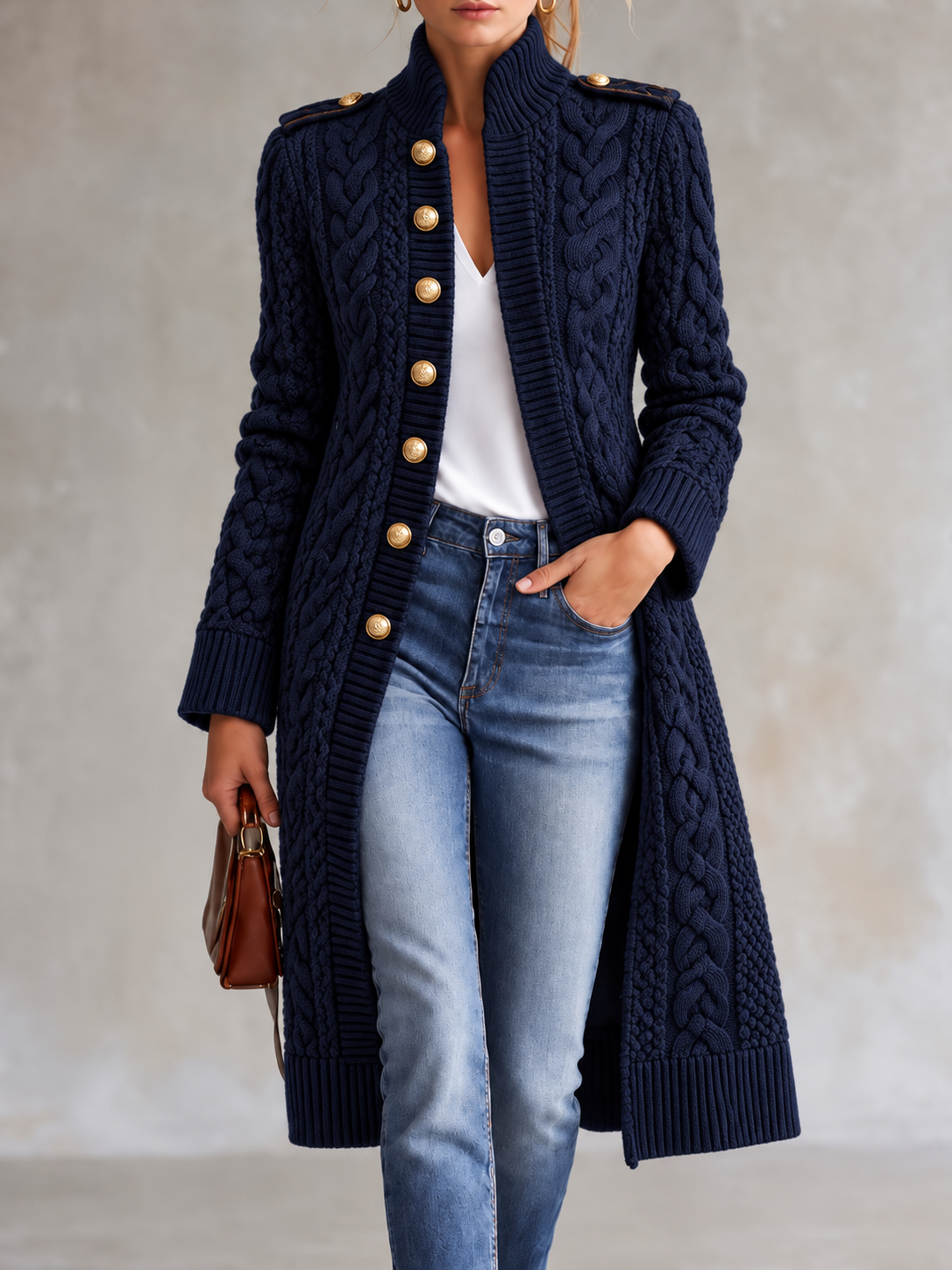 Navy Cable Knit Button Front Long Cardigan