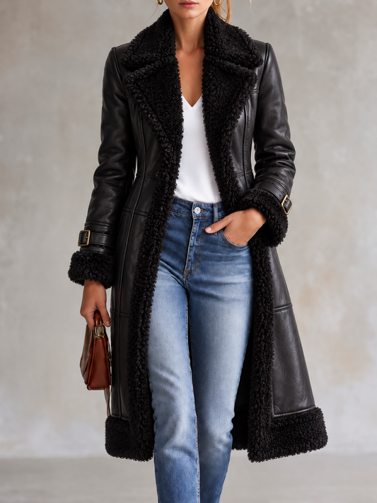 Black Faux Fur Collar Faux Leather Coat
