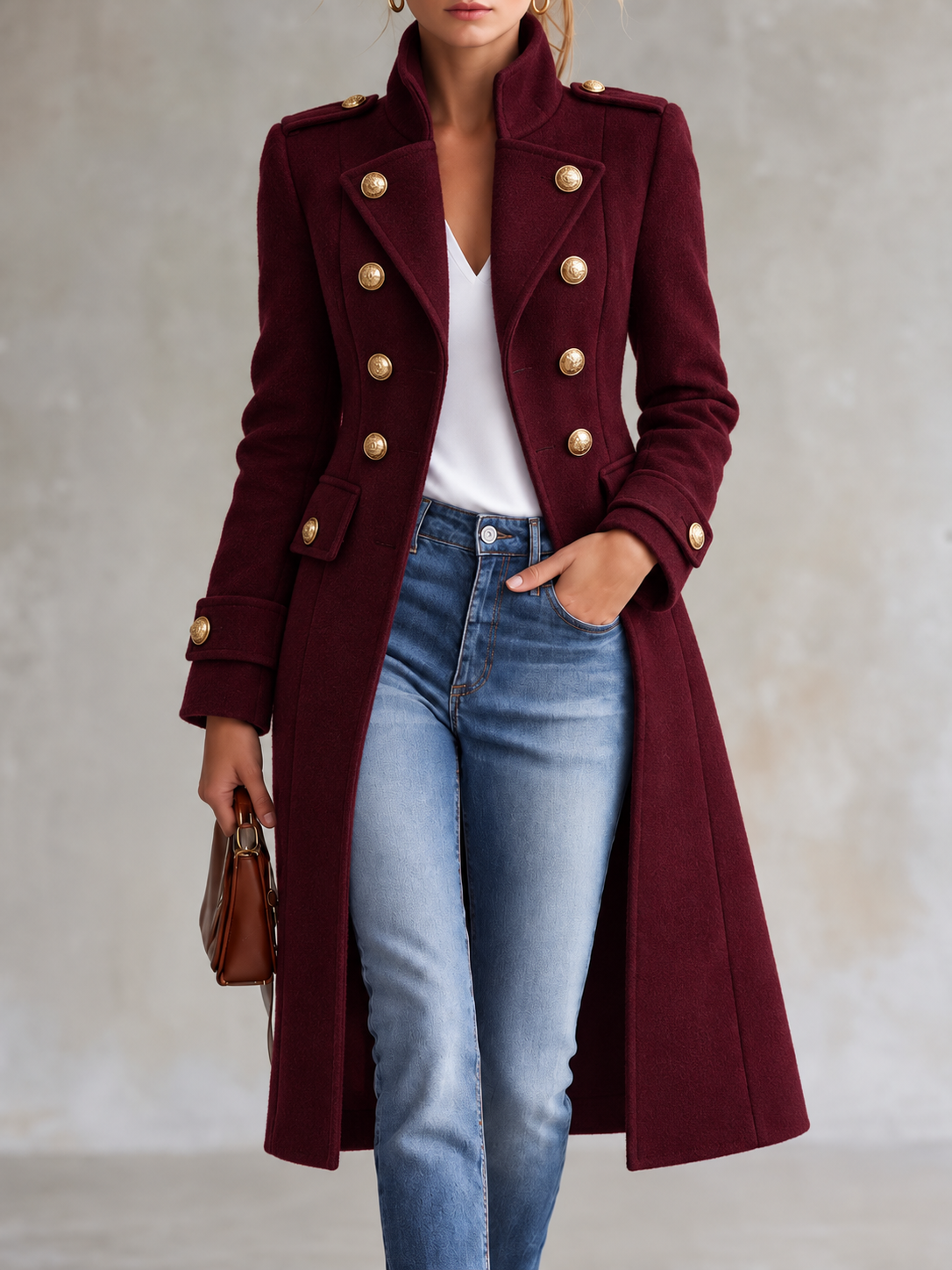 Burgundy Button Front Long Coat