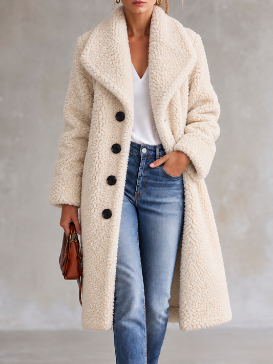 Cream Faux Fur Button Front Long Coat