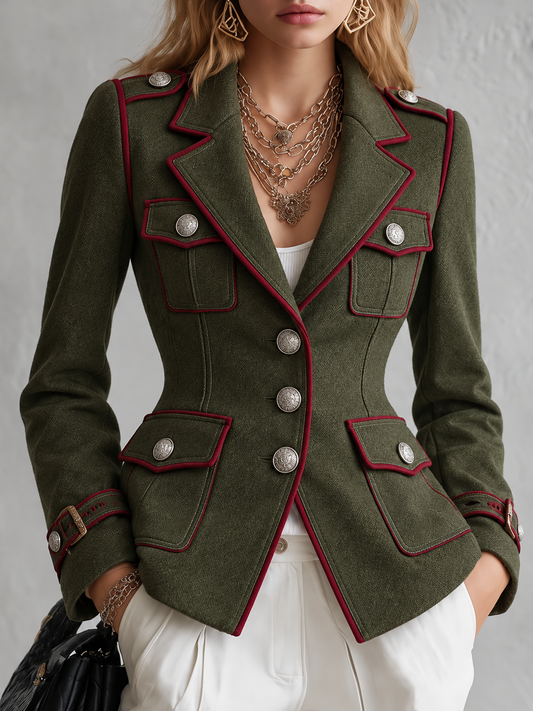 Olive Red Trim Button Front Blazer