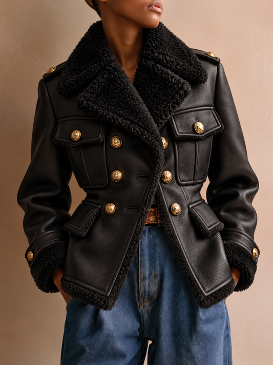 Black Faux Fur Collar Faux Leather Jacket