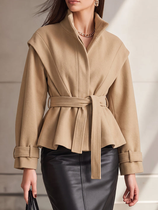 Camel Belted Peplum Wrap Jacket