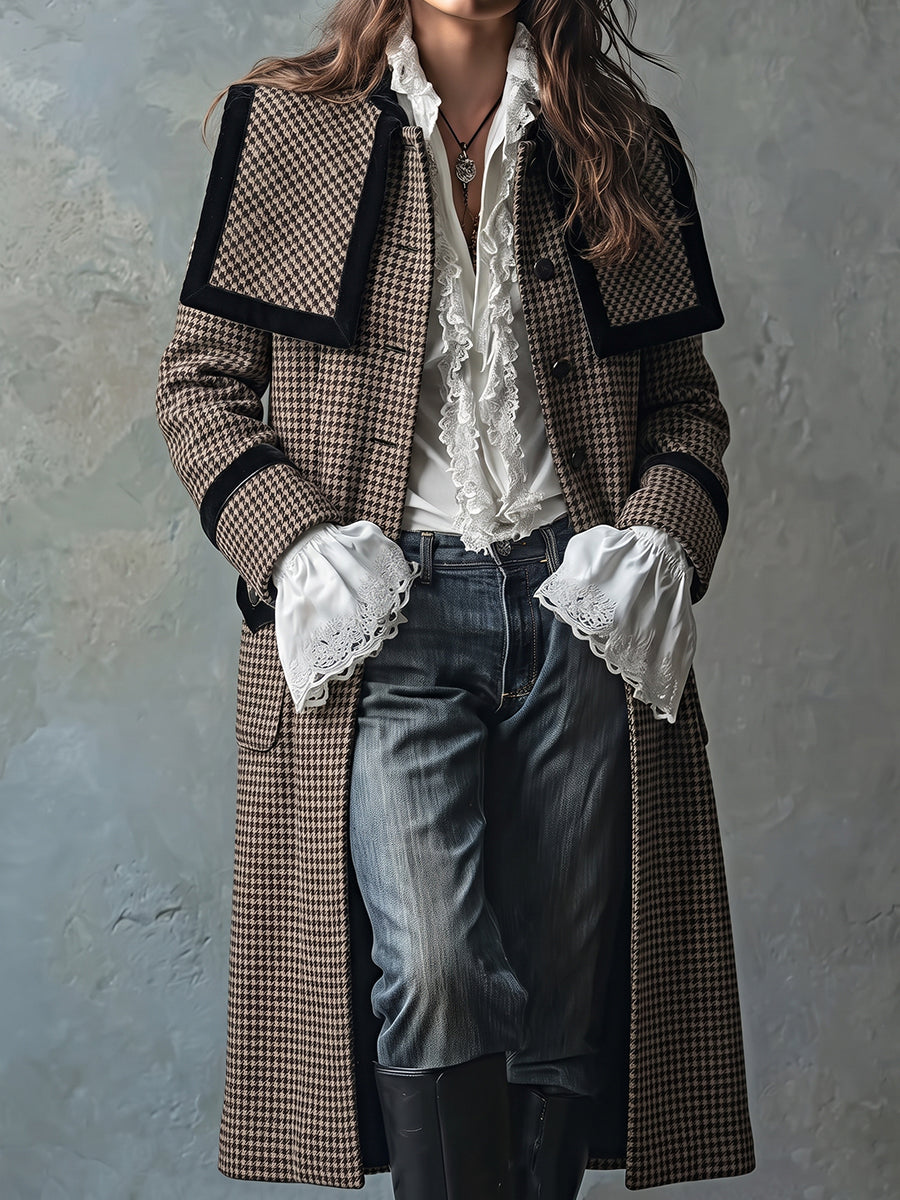 Brown Houndstooth Long Coat