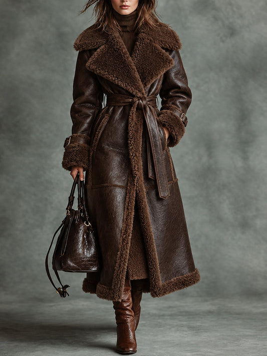 DarkBrown Faux Shearling Belted Long Coat