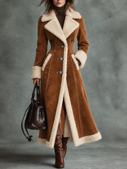 Camel Suede Faux Shearling Trim Long Coat
