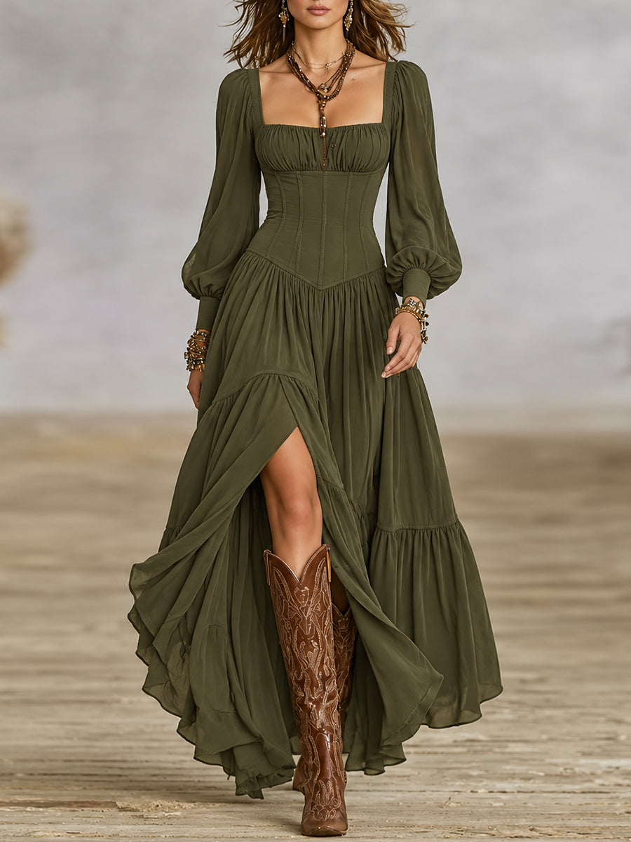 Olive Square Neck Corset Bodice Maxi Dress