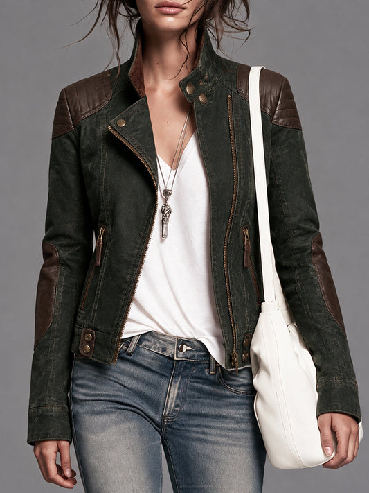 DarkGreen Faux Leather and Canvas Moto Jacket