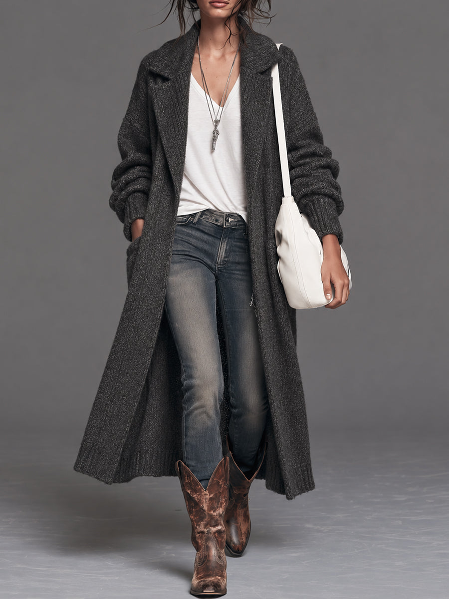 Charcoal Knit Long Open Front Cardigan