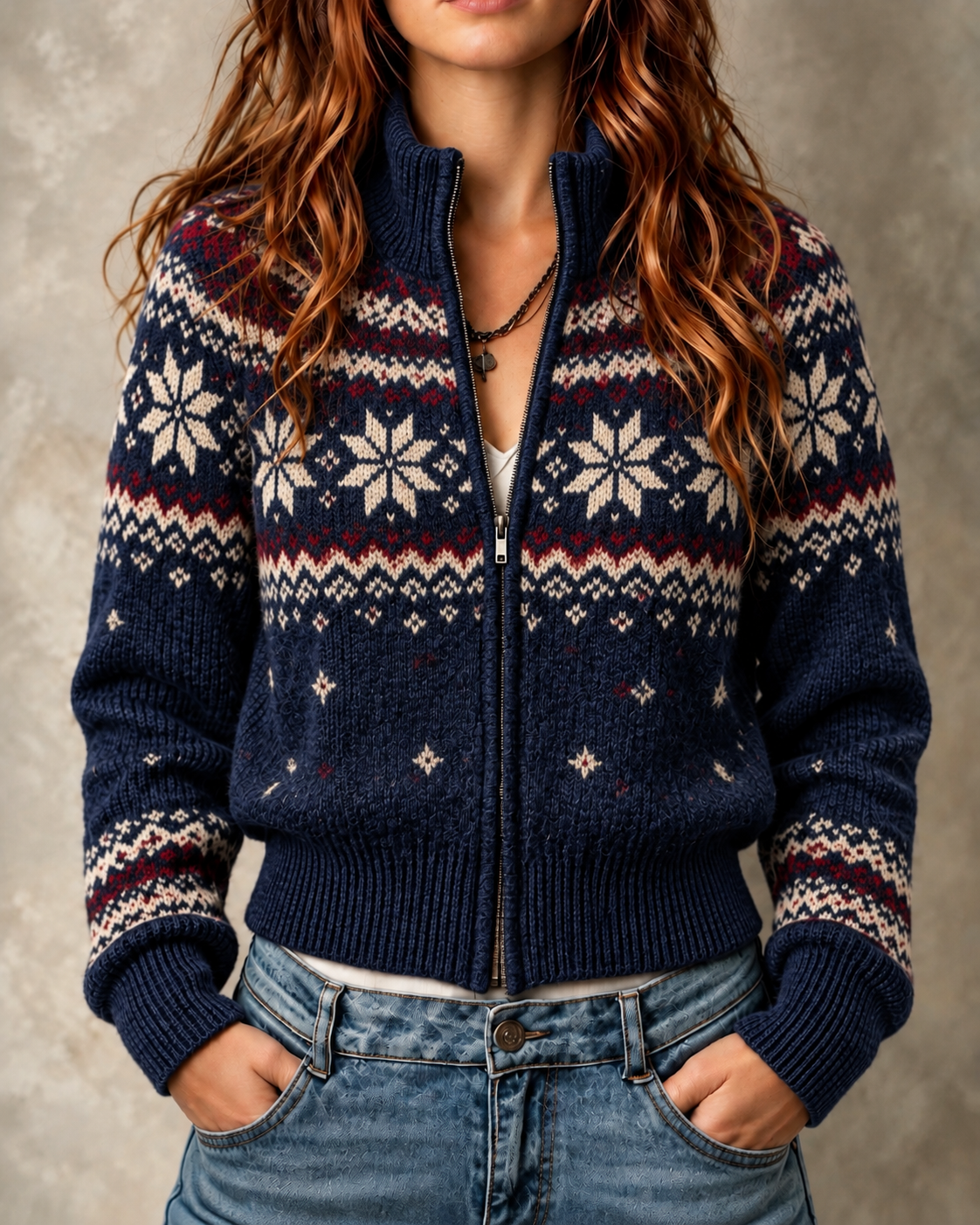 Navy Fair Isle Zip Front Cardigan