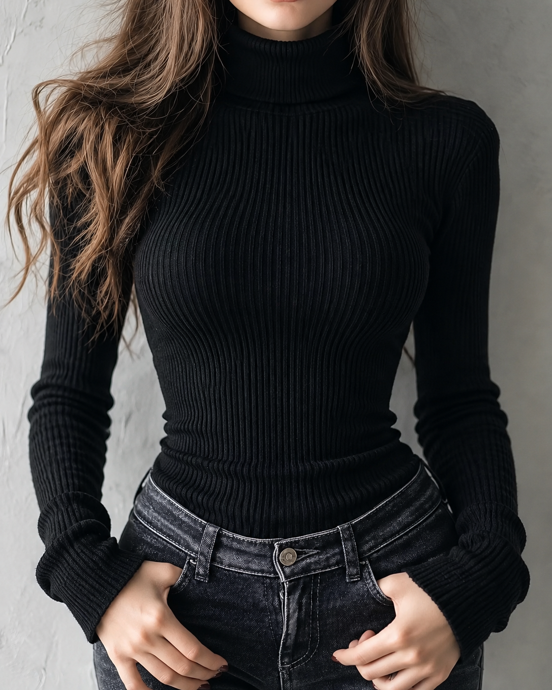 Black Ribbed Turtleneck Long Sleeve Top
