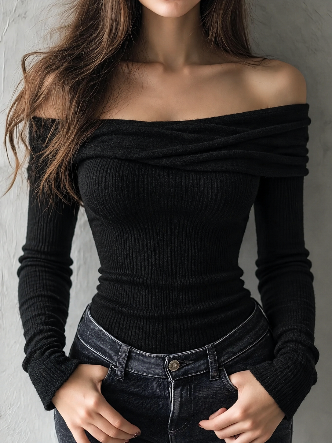 Black Ribbed Off Shoulder Long Sleeve Top