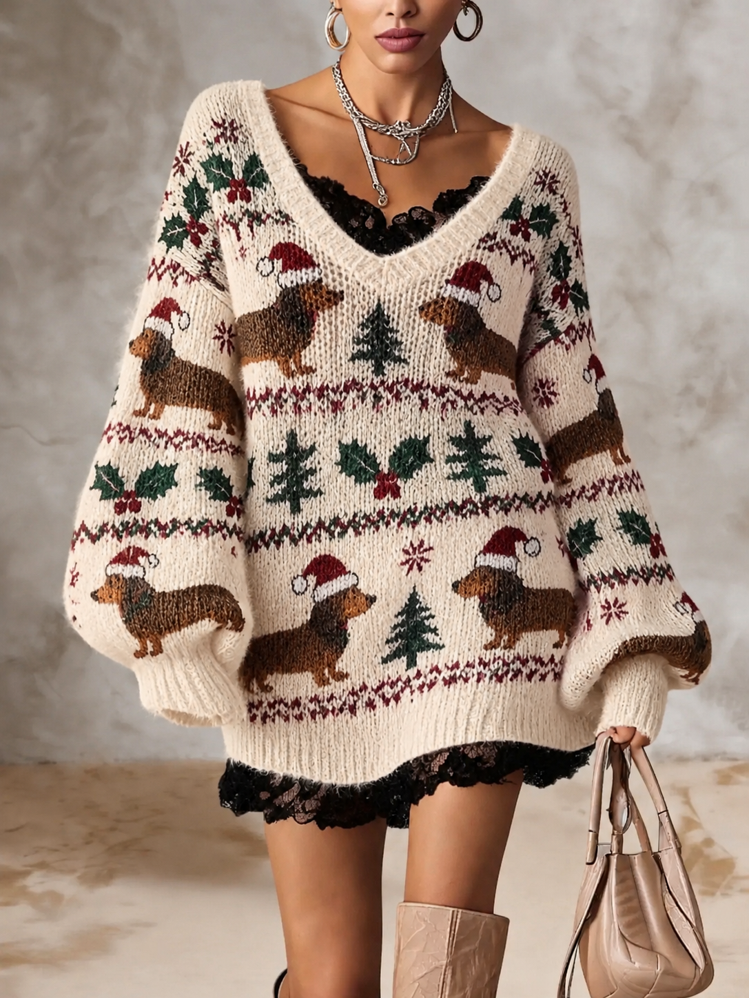 Cream Dachshund Christmas Tree V Neck Sweater