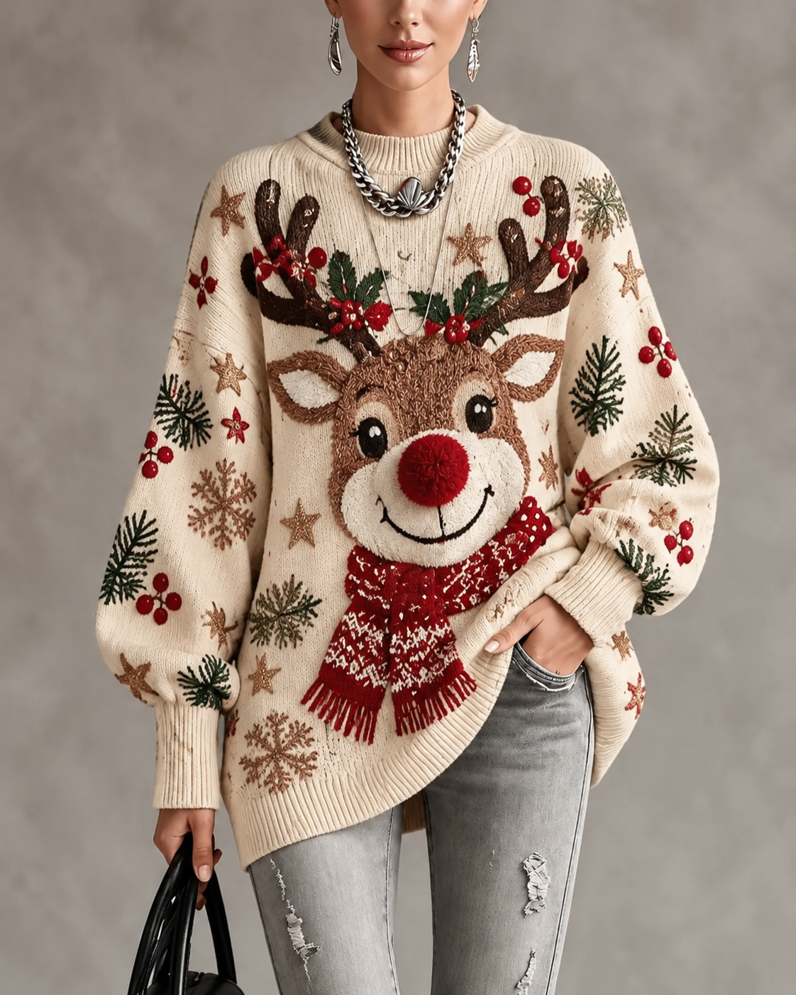 Cream Reindeer Holly Crew Neck Sweater