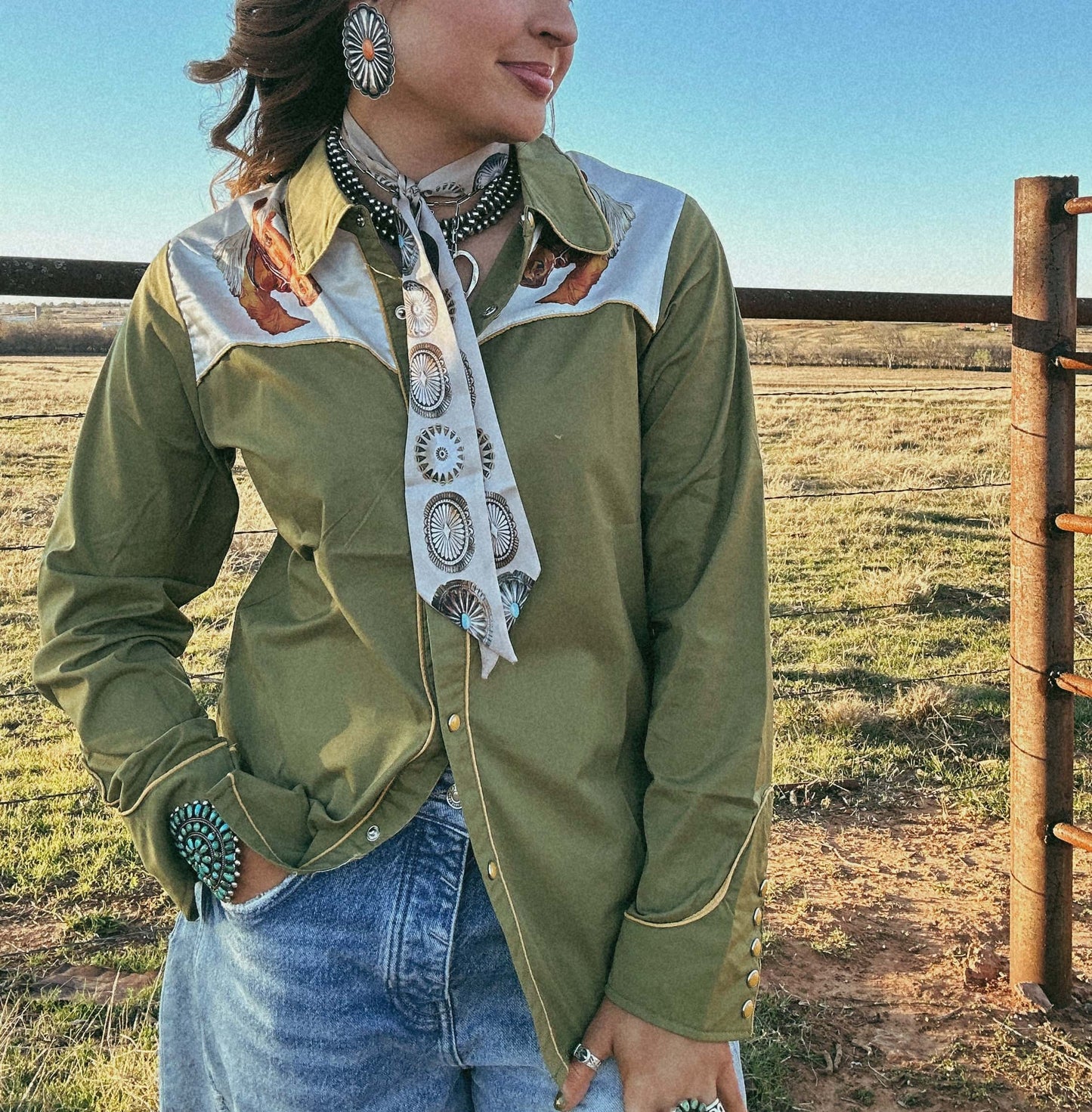 Western Horse Pearl SnapButton Up Shirt-Green