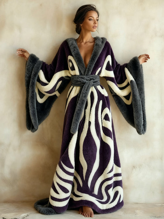 Abstract  Art Print Kimono Long Gown Autumn and Winter Robe With Belt