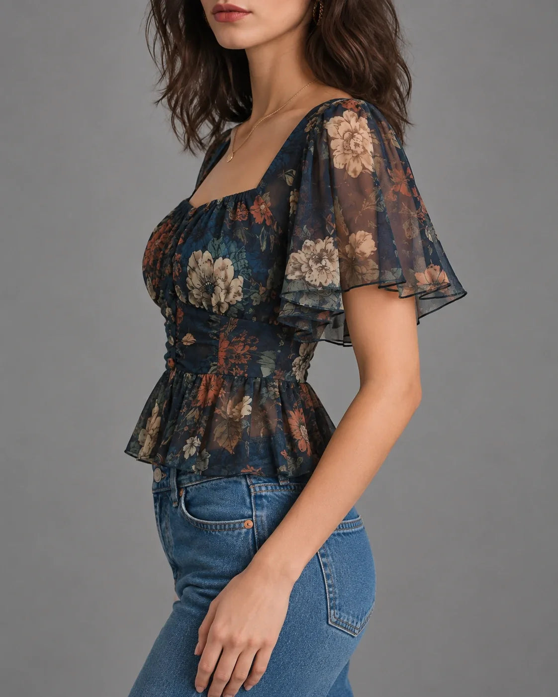 Dark Floral Chiffon Peplum Corset Top