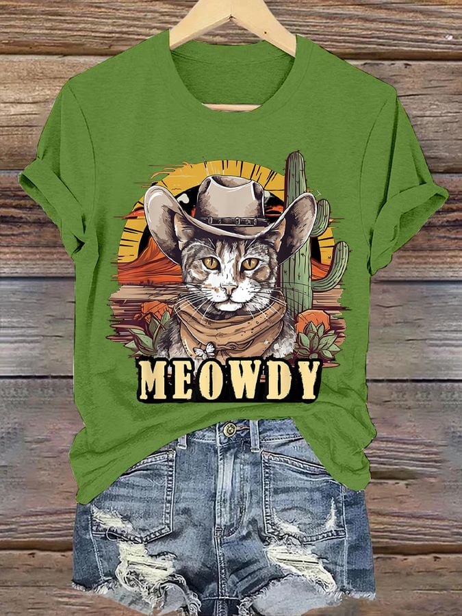 Women's Western Style Retro Cowboy Cat Printed Round Neck Short Sleeve T-Shirt