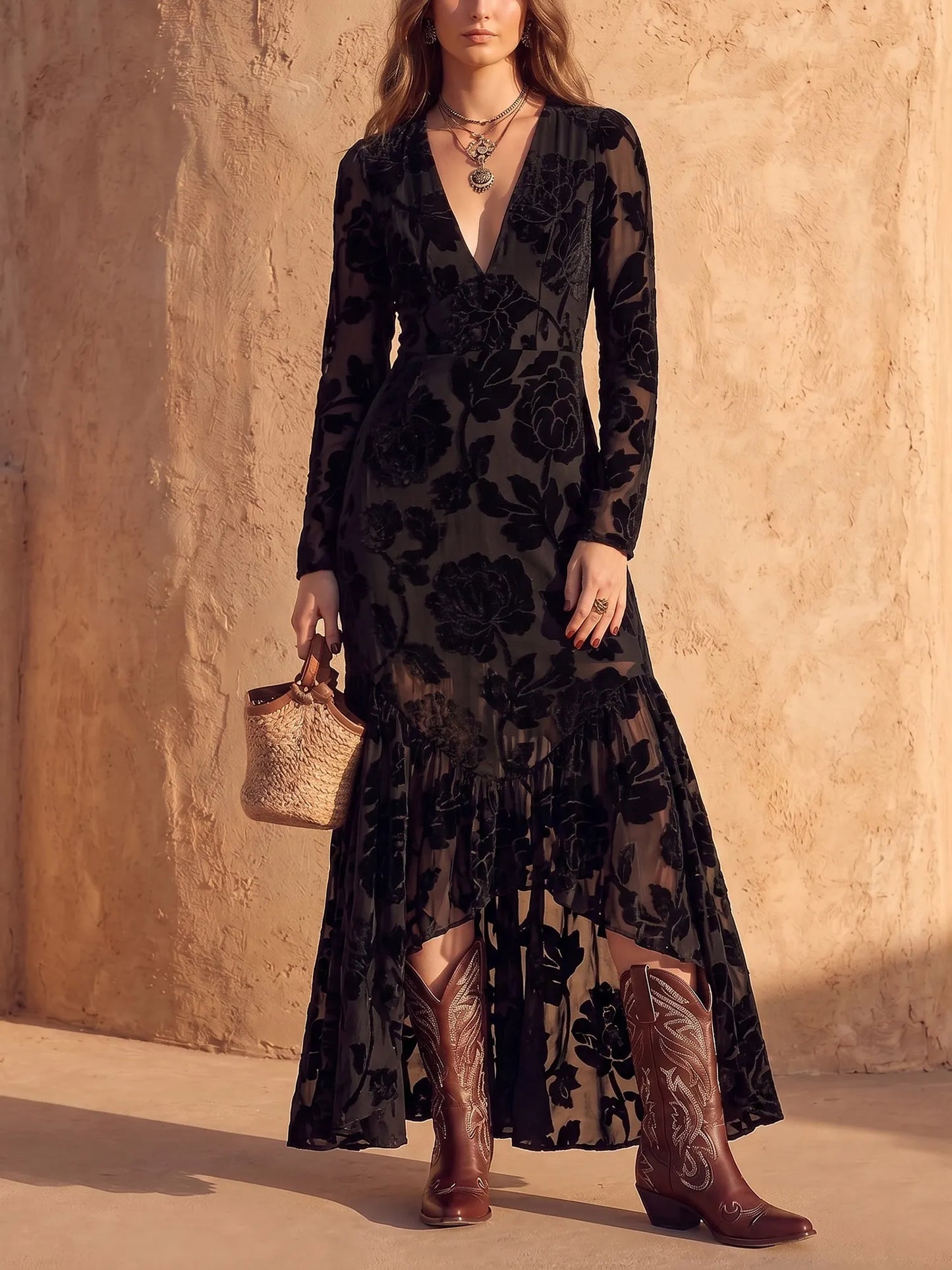 Black Burnout Velvet Floral Plunge V-Neck High-Low Maxi Dress