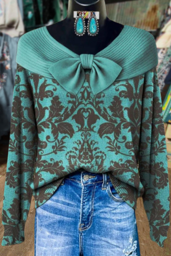 Retro Ethnic Pattern Bow Detailed Sweater