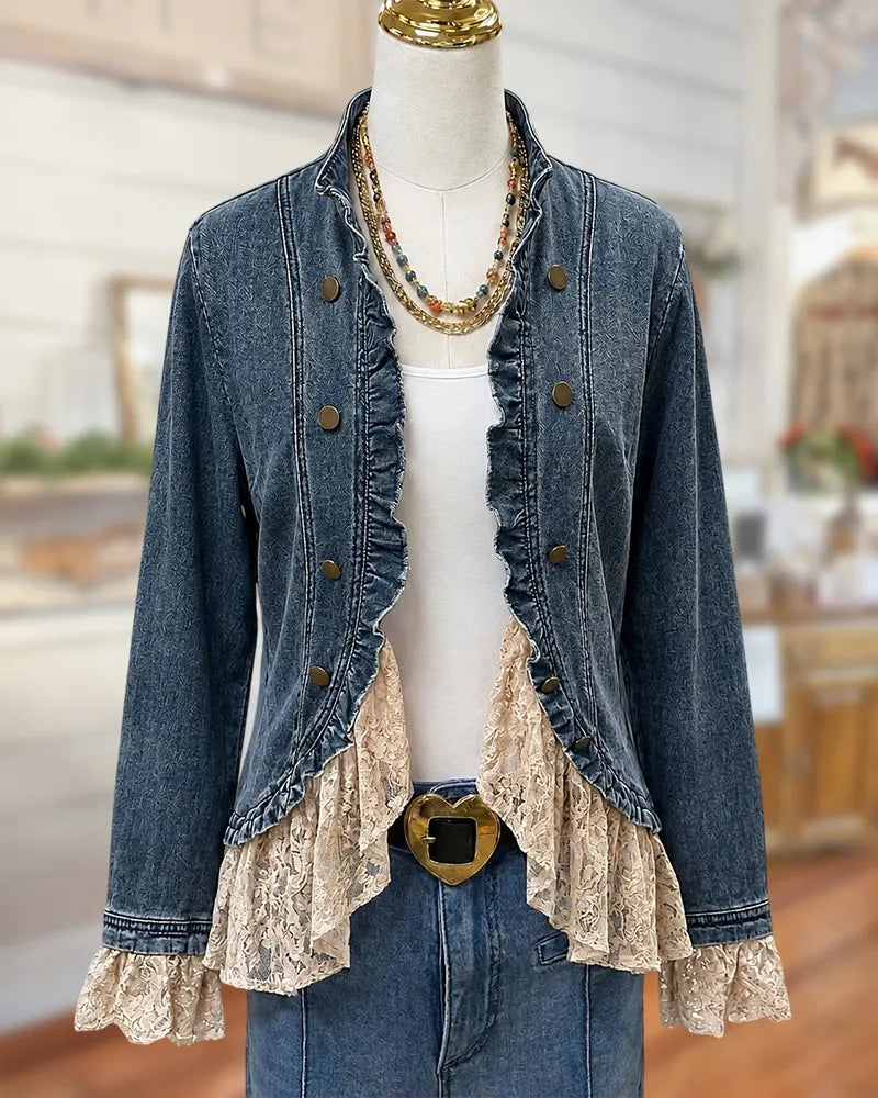Ruffled Trim Lace Patchwork Romantic Denim Jacket