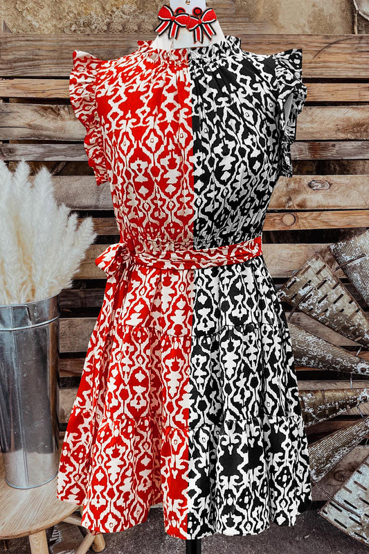 Classic Abstract Print Contrast Bow Belt Dress