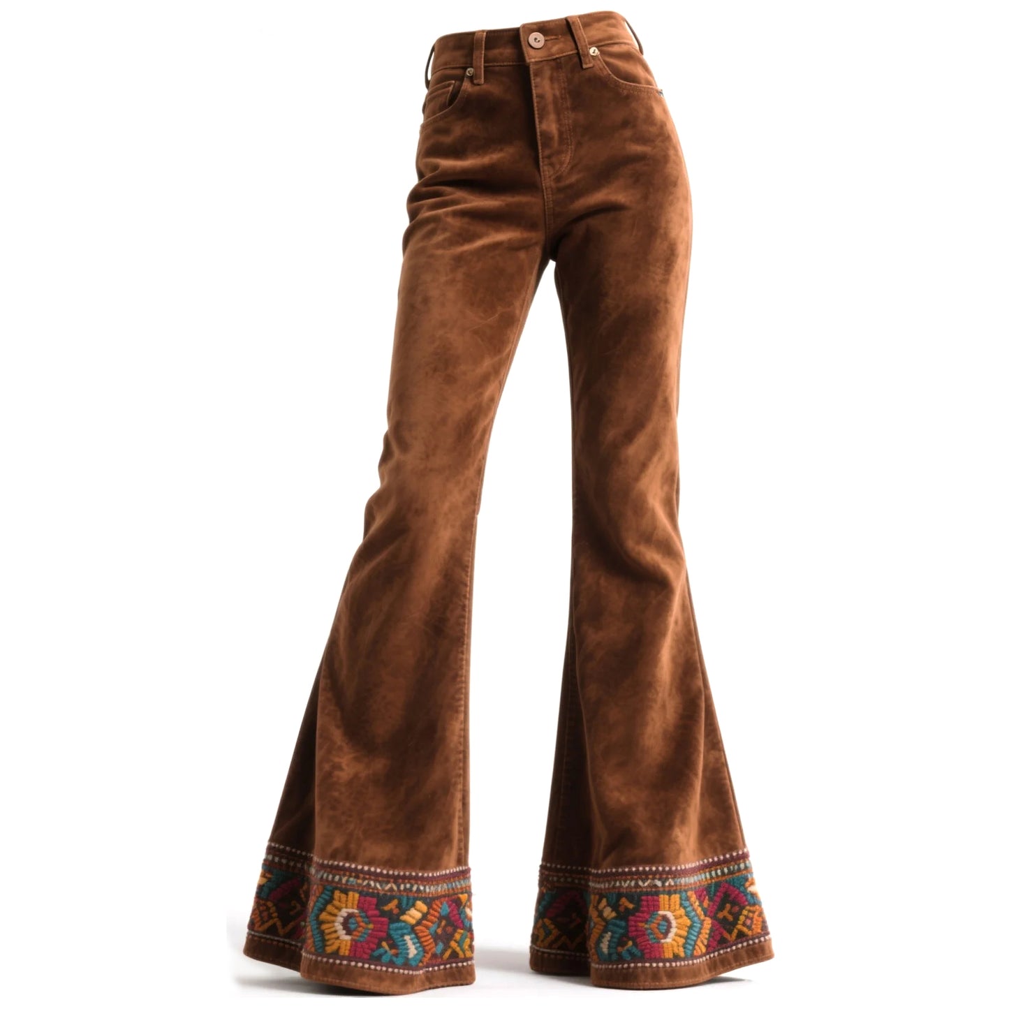 Retro Western Style Women's Ethnic Style Printed Flared Wide Leg Pants Suede Trousers