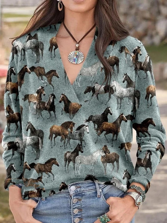 Fashion Horse Print Knitted V Neck Sweater