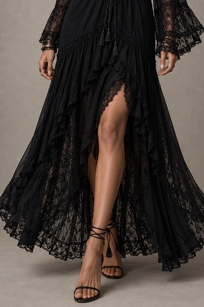 Black Lace Bell Sleeve Deep V Boho Maxi Dress