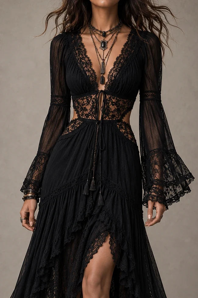 Black Lace Bell Sleeve Deep V Boho Maxi Dress