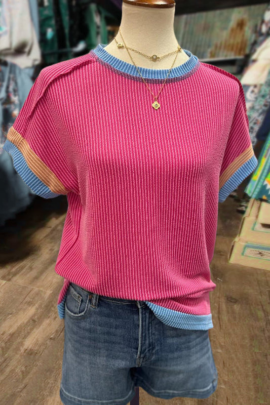 Colorful Mock Neck Short Sleeve Ribbed Top