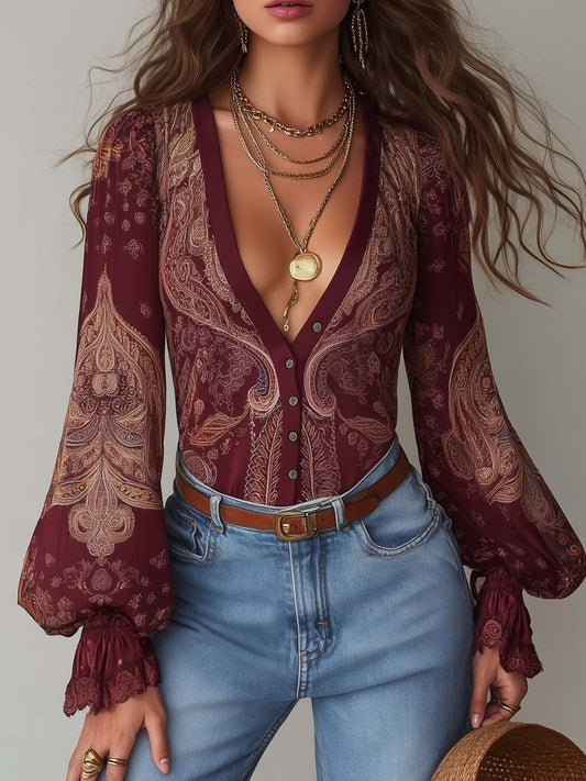 Vintage V-neck Ruffle Cuffs Paisley Blouse
