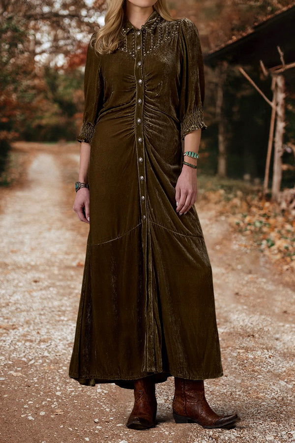 Vintage Charming Studded Velvet Buttoned Maxi Dress