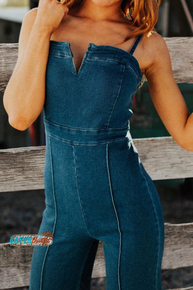 Retro Tube Top Wide Leg Denim Jumpsuit