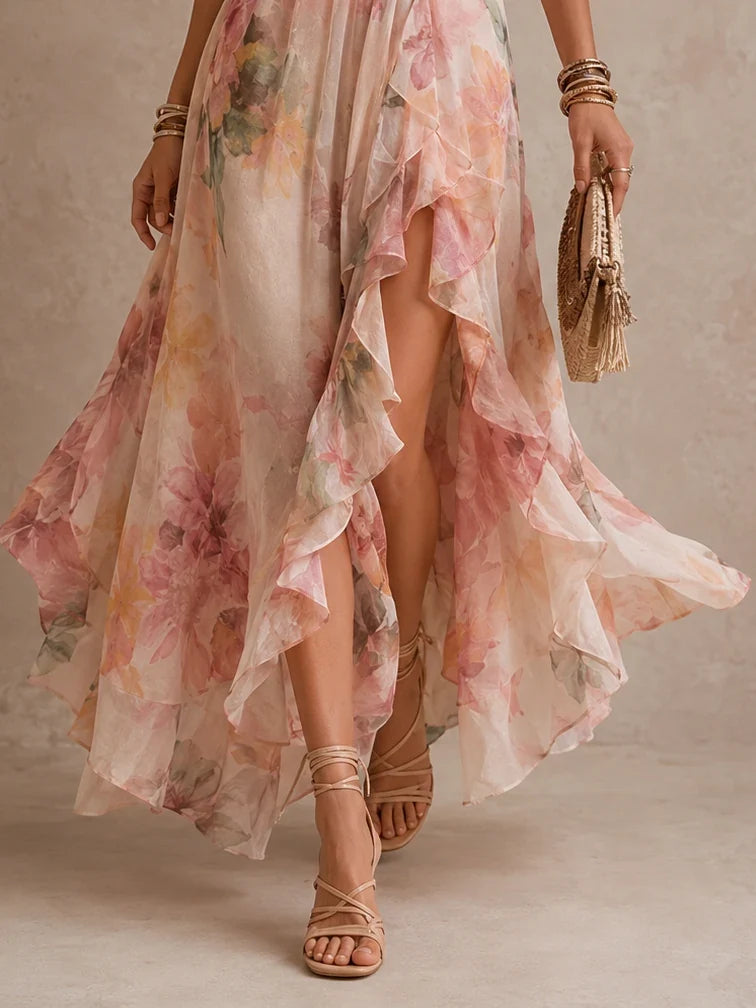 Blush Watercolor Floral Cutout Ruffle Maxi Dress
