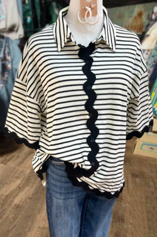 Striped Button Down Collared Ric Rac Trim Top