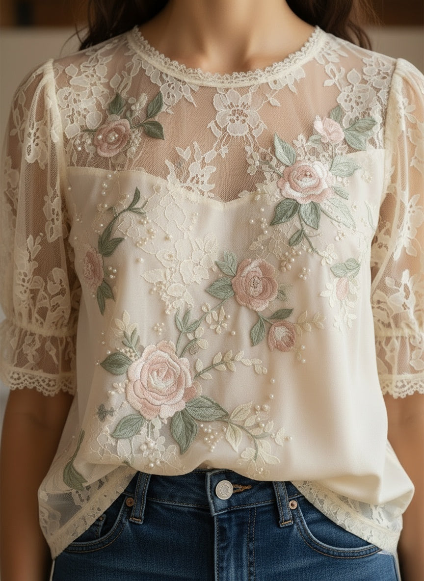 Elegant Embroidered Floral Lace Blouse for Women