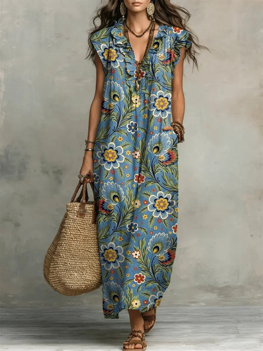 Women's Retro Floral Pattern Art Print Casual Ruffled Stylish Dress
