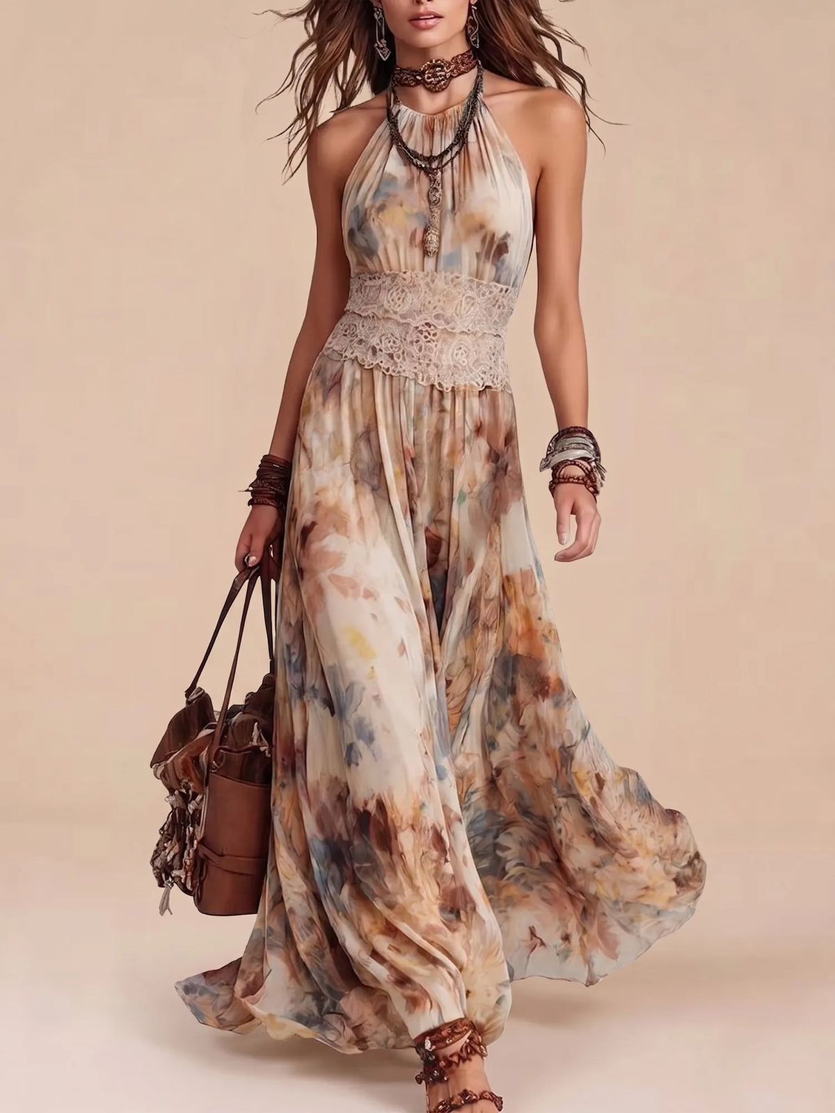 Western Dress — Sunset Bronze Tie-Neck Crocheted Waist Lace Dress Maxi Dress