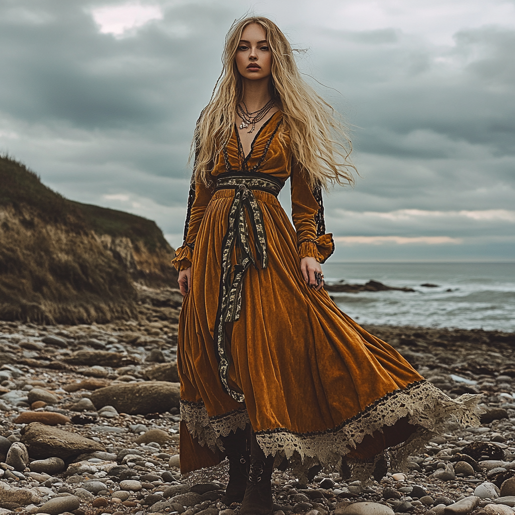 Breezy Bohemian Beach Vacation Autumn And Winter Velvet Ethnic Style Fluttering Dress