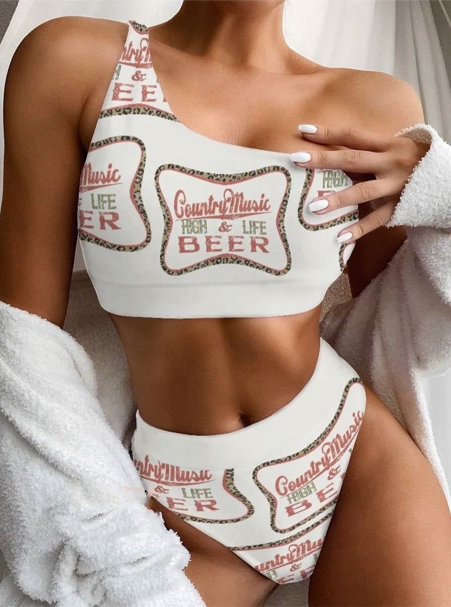 Cowboy Print One Shoulder Bikini Set