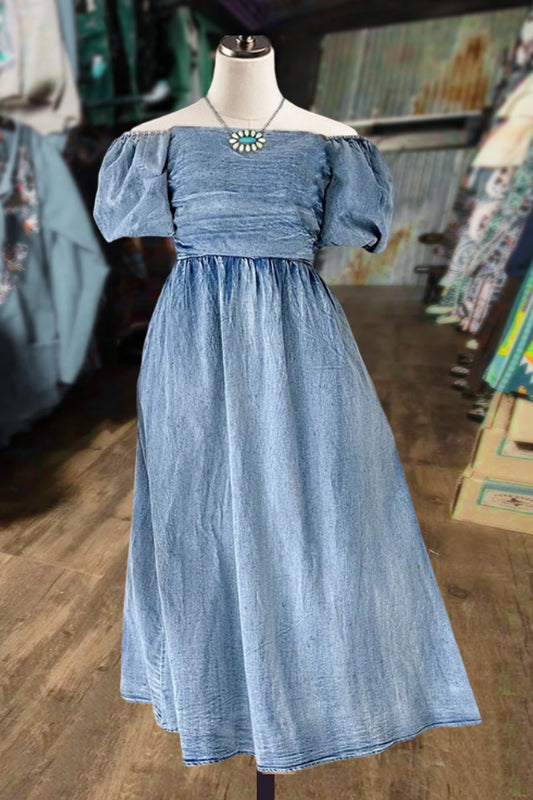 Elegant Off Shoulder Puff Sleeve Denim Midi Dress