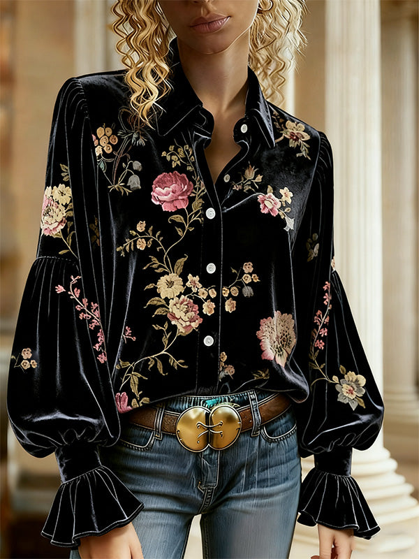 Retro Floral Print Collared Velvet Top